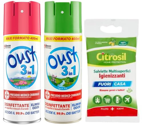 SET: Spray Elimina Odori 3In1, Disinfettante OPEN AIR 400ml + Spray Elimina Odori 3In1, Disinfettante FRESH GARDEN 400ml + OMAGGIO Confezione Di Salviette Multisuperficie Igienizzante