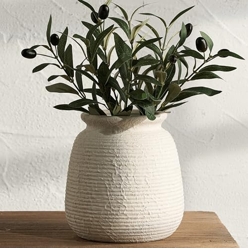 Ceramic Flower Vase, 7.48 Inch White Rustic Farmhouse Decorative Vase Pottery Wide-Mouth Vases for Home Decor Table Living Room Entryway Mantel Bookshelf Bedroom Bathroom Kitchen