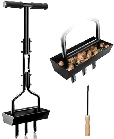 Lawn Aerator Garden Tool with Soil Core Tray, 38” Manual Grass Plug Aerators & A Cleaning Tool, Coring Aeration Tools with 3 Tines for Gardening, Soil Compaction, Lawn Yard Care, Patented Black