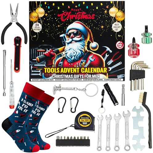 KreativeKraft Calendario Avvento Uomo Attrezzi 2025 con 24 Sorprese, Torcia, Pinze, Cacciavite, Chiave Inglese, Fascette Stringicavo, Regali per Lui
