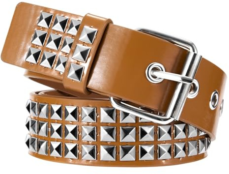 Yesaler Cintura Borchiata Cintura Rivetto di Roccia Punk in Pelle PU con Borchie a Piramide per Donna Uomini Jeans Accessori di Abbigliamento Gotico (Cachi)