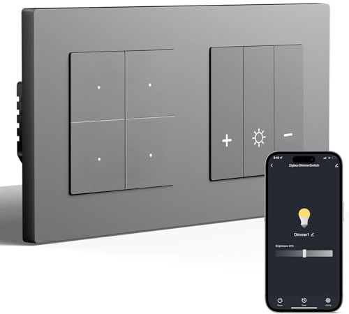 BSEED Zigbee strömbrytare med dimmerbrytare, smart dimmer strömbrytare infälld kompatibel med Alexa/Google Home/Smart Life, PC-ram, kräver noll ledare och Zigbee-Gateway, 4 fack 1 väg, grå