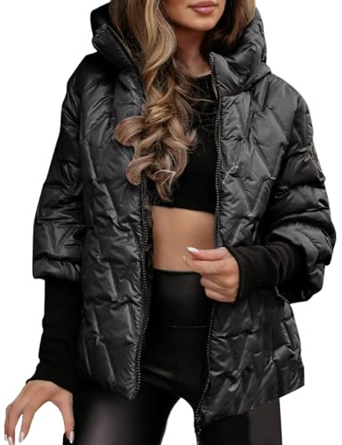 Generisch Giacca trapuntata da donna, leggera e avvolgente, giacca invernale da mezza stagione, giacca a maniche lunghe, con chiusura lampo, capispalla corto, giacca termica con tasche, Nero , XL