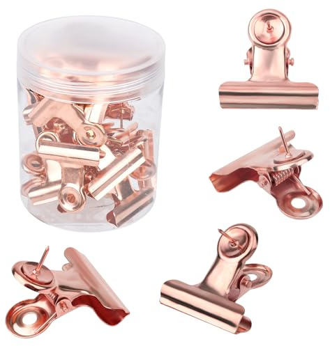 20pcs Push Pins Clips, Thumb Tacks Bulldog Clips with Pins Metal Pushpin Holder Bulletin Board Cork Board Accessories for Home Office Cubicle Wall Use(Rose Gold)