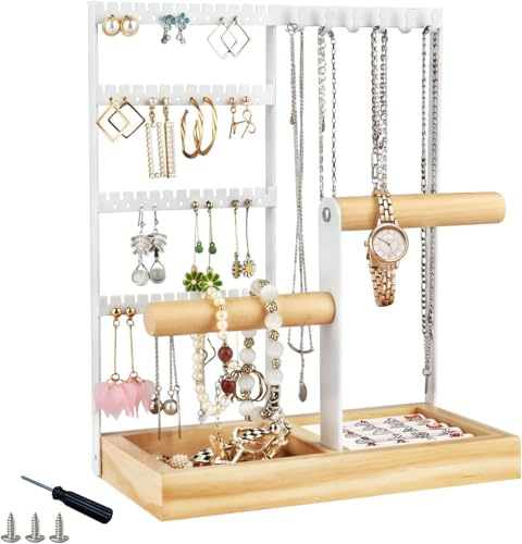 Rilime Schmuckständer, Schmuckhalter für Ohrring Ohrstecker Ketten Schmuck Organizer Jewelry Ständer mit 6 Haken, 48 Löcher Ohrringhalter Schmuckaufbewahrung für Halsketten Armbänder Ringe -Weiß