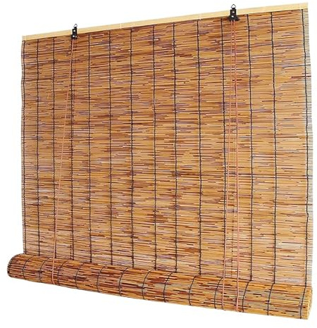 Bamboo Blinds for Indoor Windows, Blackout Reed Roller Shades with Lift, Filtering Waterproof, Retro Outdoor Bamboo Roller Shades for Patio, Roman Roll Up Blinds for Porch, Weaterproof, Weatherproof