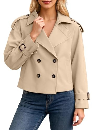 Generisch Trench court pour femme - Couleur unie - Manteau court - Transition élégant - Manteau avec ceinture - Col montant - Coupe-vent léger - Veste décontractée avec boutons - Veste demi-saison