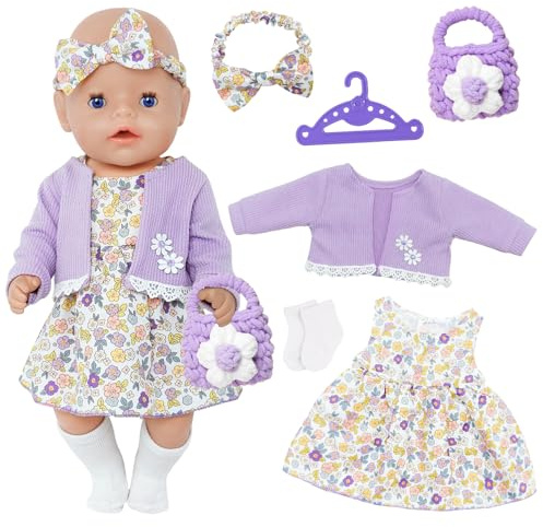 Doll Clothes for 14-18 Inch Baby Dolls, 6 Pcs Sweet Baby Doll Clothes for 30-45cm Baby Dolls with Lavender Dress Coat Hair Accessory Bag Hanger and Socks, Baby Doll Accessories Kids Birthday Present