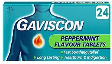 Gaviscon Original, Chewable tablets, Peppermint, 24 tablets, Heartburn & Indigestion, Fast powerful relief, Gets to work in minutes, Dual relief on the go, Targets Heartburn and indigestion instantly