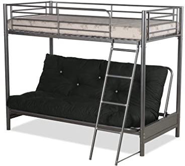 Humza Amani Futon Bunk Bed – Silver Metal Frame with Black Futon Mattress, 3FT Single Top Bunk and 4FT6 Convertible Sofa Bed – Space-Saving Modern Design
