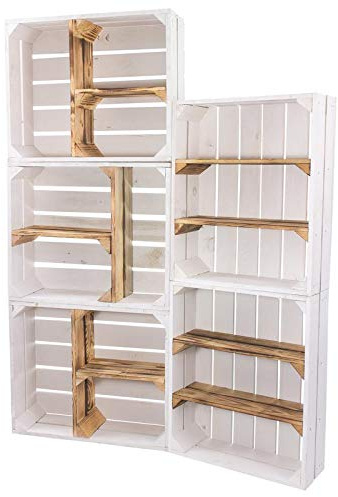 Vinterior Holzkiste weiß/geflammt 2X Gewürzregal,3X Flache Kiste mit T Trenner Mittelbrett 50x40x16cm Regal Apfelkisten Obstkisten Weinkisten Shabby