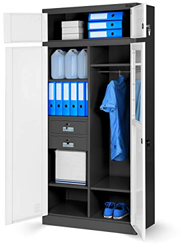 Jan Nowak Aktenschrank, Mehrzweckschrank, Spind Schrank | Geheimfach, 2 Schubladen, 4 Fachböden, Mit Kleiderstange, Spiegel, Pulverbeschichtet, Abschließbar | 185 cm x 90 cm x 50 cm Anhtrazit/Weiß