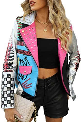 Bellivera Faux Leather Jacket Women Floral Moto Short Coat Sliverblack M