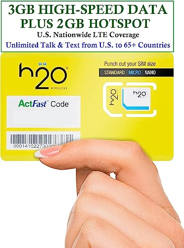 Tarjeta SIM Prepago Física H2O Wireless 30 Días Desde EE. UU. con 3GB de Datos 4G LTE/5G y 2GB de Hotspot, Datos Ilimitados, Llamadas y SMS a 70+ Países, SIM para Teléfonos Móviles en EE. UU