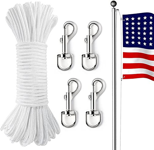 Fahnenmast-Seil, 30.5 m, Fahnenmast, Halyard-Seil mit 4 drehbaren Karabinerhaken aus Zinklegierung, doppelt geflochtenes Nylon-Fahnenmast-Leine für Outdoor, Flagge, Schaukel, Klettern, Camping