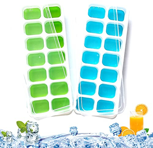 ADIIOS Ice Cube Trays, 2 Pcs Ice Cube Moulds with No-Spill Removable Lid, Easy-Release Silicone and Flexible 28 Ice Trays for Freezer, Whiskey, Cocktail and Drink (ICT-02)