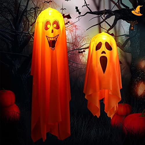 2 Stück Halloween Deko Garten Outdoor Geist Mit Led Lichtern, 90+45cm Halloween Geister Deko Hängende Anhänger Windsäcke Geistergesicht Mit Lichter Gespenster Dekoration für Party,Hof,Terrasse,Rasen