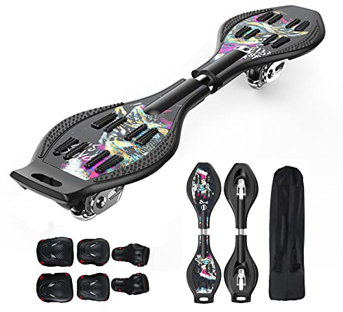 Bueuwe Profi Waveboard Kinder ab 10 Jahre, Street Snakeboard Skateboard mit Skate Protektoren Set, Waveboards für Mädchen und Junge mit Leuchtrollen, 87x23x12,5 cm, Bis 100kg