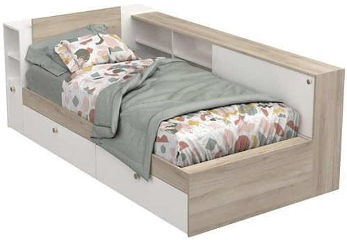 Miroytengo Cama Life con Almacenaje Dormitorio Juvenil Blanco y Roble Kronberg 90x190-200 cm