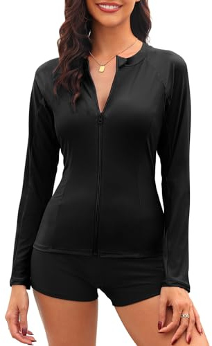 Tuopuda Womens Rash Vest Zip Up Wetsuit Tops Long Sleeve Swimsuit Tops Quick Dry Surf Tops UV UPF 50+ Swim Shirt Sun Protection Swimwear(Black-2,L)