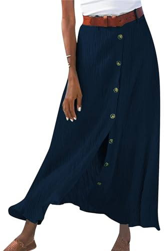 OMZIN Femme Lin Léger A-Ligne Jupes Taille Haute Jupes évasées Bouton Bas Fente Jupes Longues Bleu Marine L