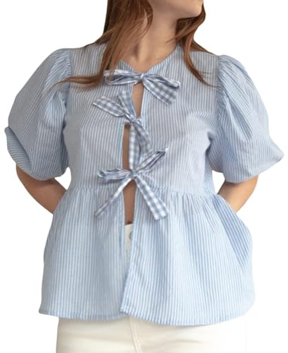 XIXIMAON Chemise Rayée Femme à Manches 3/4 Blouse Péplum Nouée Devant avec Nœud Papillon Chemisier à Volants Y2K Top Haut Décontracté Col Rond (Bleu Clair Rayure, S)