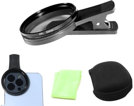 Filtre CPL 52 mm – Filtre polarisant pour Smartphones, avec Capuchon d'objectif, Chiffon de Nettoyage et boîte de Rangement, Compatible avec Smartphones et tablettes