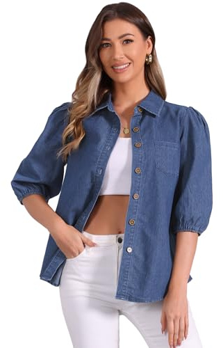 Allegra K Femme Chemise Denim Manches 3/4 Bouffantes Boutonnée Travail