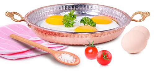 Moreni Gehämmerte Kupferpfanne, kleine, authentische, handgefertigte Kupferpfanne zum Braten von Eiern, traditionelles türkisches Kochgeschirr mit ergonomischen Messinggriffen (16,3 cm)