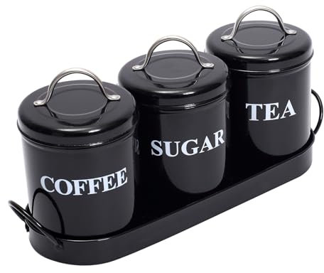 Lot De 3 Cuisine Boîtes De Rangement Pour Café, Thé, Stockage d'Aliments En Métal，Set De Boîtes De Rangement Pour La Cuisine Avec Plateau En Métal，Cubes De Sucre Et Grains De Café Ou Poudre Préférés