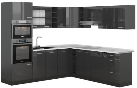Vicco Cucina angolare completa R-Line, Antracite lucido, 247 x 60 cm, PL Marmo, per una pianificazione cucina flessibile e un'estensione modulare