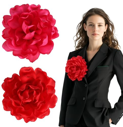Lot de 2 broches en forme de fleur de 12 cm, grandes broches dahlia en satin, élégantes accessoires de cheveux pour mariages, fêtes, bals, (rose rouge, rouge)
