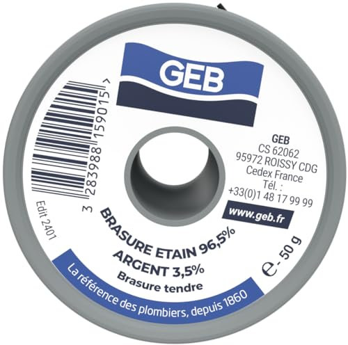 GEB Bobine pour brasure étain/argent. Convient pour réaliser du brasage tendre sur l'acier, l'inox, le cuivre et le bronze. Conseillée pour les canalisations d'eau potable - Bobine 50g