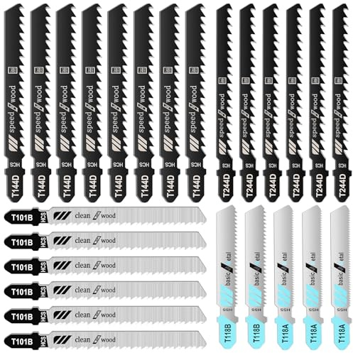 Acsatont Stichsägeblätter Set, 25tlg T-Schaft Stichsägeblätter Set, Sägeblätter Stichsäge für Holz, Metall und Kunststoff, mit Aufbewahrungskoffer (25)