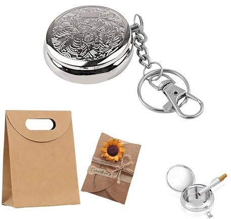 UZYXC Set Cadeau de Cendrier de Poche Mini Métallique – Cendrier Anti-Odeur & Portable pour Déplacements, Voiture, Camping, Voyages – Incl. Sac en Papier Kraft & Carte avec Fleurs Séchées