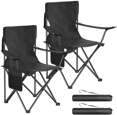 WOLTU Campingstol, set med 2 bärkassar, med mugghållare och sidoficka, kan belastas upp till 120 kg, för camping, fiske, picknick, strand, svart