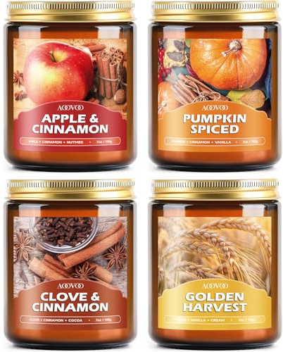 AOOVOO Fall Candles Set - 4 Pack Candles for Home Scented, 28 oz Natural Soy Wax 200 Hour Long Lasting, Autumn Gifts Set for Women Men Fall Fragrance of Pumpkin/Apple Cinnamon/Clove/Wheat Vanilla