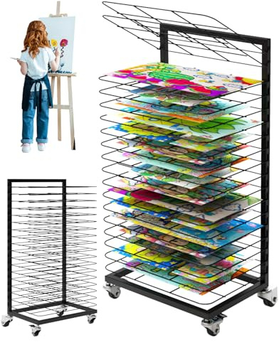 Homelio Estante de Secado de Arte, Carro de Secado con Ruedas, Estantería de Almacenamiento para Lienzos y Obras, Rack de 18 Estantes con Frenos para Pintura, Dibujo y Estudios Creativos