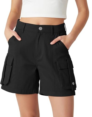 Rolanko Girls Cargo Shorts, Lightweight Cotton with A Semi Elastic Waistband Summer Uniform Shorts for Tweens, Black, 10-11 Years, 150