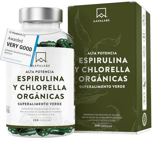 Espirulina y chlorella orgánica - mezcla de algas azules ricas en fitonutrientes - 200 spirulina organica capsulas - alga spirulina y chlorella- 1800 mg/dosis diaria- 100% veganas