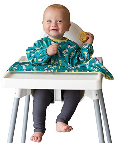 Tidy Tot®™ Cover & Catch™ Weaning Bib with Sleeves. Attaches to Highchairs with Suction for Mess Proof Baby Feeding. Waterproof Long Sleeved Bibs. Coverall BLW Bibs. Travel Bag Included.