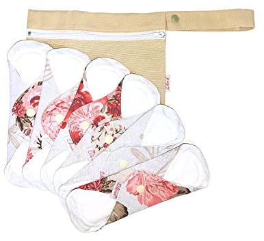 Lilind® Lot de 6 serviettes hygiéniques en tissu organique, 20 cm standard, avec fermeture éclair, sac étanche, réutilisable et imperméable, 100 % coton, roses bleues