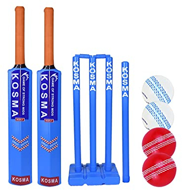 Kosma Set da cricket Kwik con borsa per 2 giocatori,2 mazze da cricket n. 3 (28) e n. 5 (76.2 cm),4 palline da vento,Moncone bersaglio con supporto,Colore blu turchese