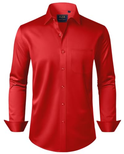 J.VER Mens Casual Shirts Long Sleeve Dress Stretch Regular Fit Fashion Business Formal Plain Red Shirt with Pocket L