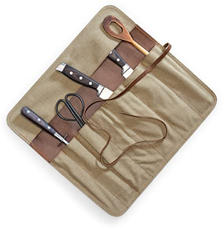 Angus Stoke Knife Bag made of durable Canvas & genuine buffalo Leather - Chef's Knife Roll Case for Cooking, Camping & BBQ - Knives storage Neil (Beige)