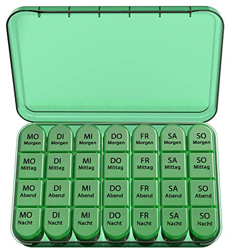 Doruimi Tablettenbox 7 Tage Morgens Mittags Abends, Klein Pillendose Große Fächer, Medikamentenbox 7 Tage 4 fächer mit Einfachem Offenem Design FüR Kinder äLtere und Arthritische HäNde - Volle Olive