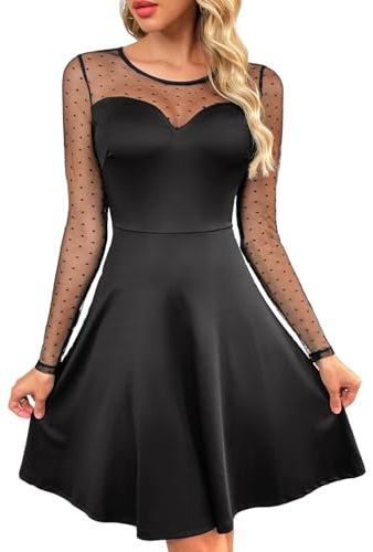 Zeagoo Damen Elegant Kleid Spitze Langarm Einfarbig Freizeitkleid A-Linie Rundhals Partykleid Mesh Festlich Minikleid Rabenschwarz M