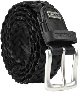 Police Cinturón de piel auténtica para hombre, deportivo, remachado/adornado, 4 cm de ancho, acortable, sin níquel, Negro Trenzado 74 3.5Cm, 115 cm (TG 48-52)