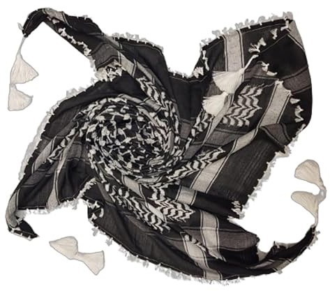 MILSPEC SURPLUS Shemagh Scarf Cotton Arab Head Cover Desert Palestinian Keffiyeh Tactical Army Scarf Hand Made (Black/White with Tassel)