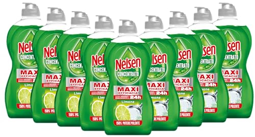 Nelsen detersivo stoviglie e piatti a mano, Concentrato di Potere Limone, con azione sgrassante, 9 confezioni da 450 ml